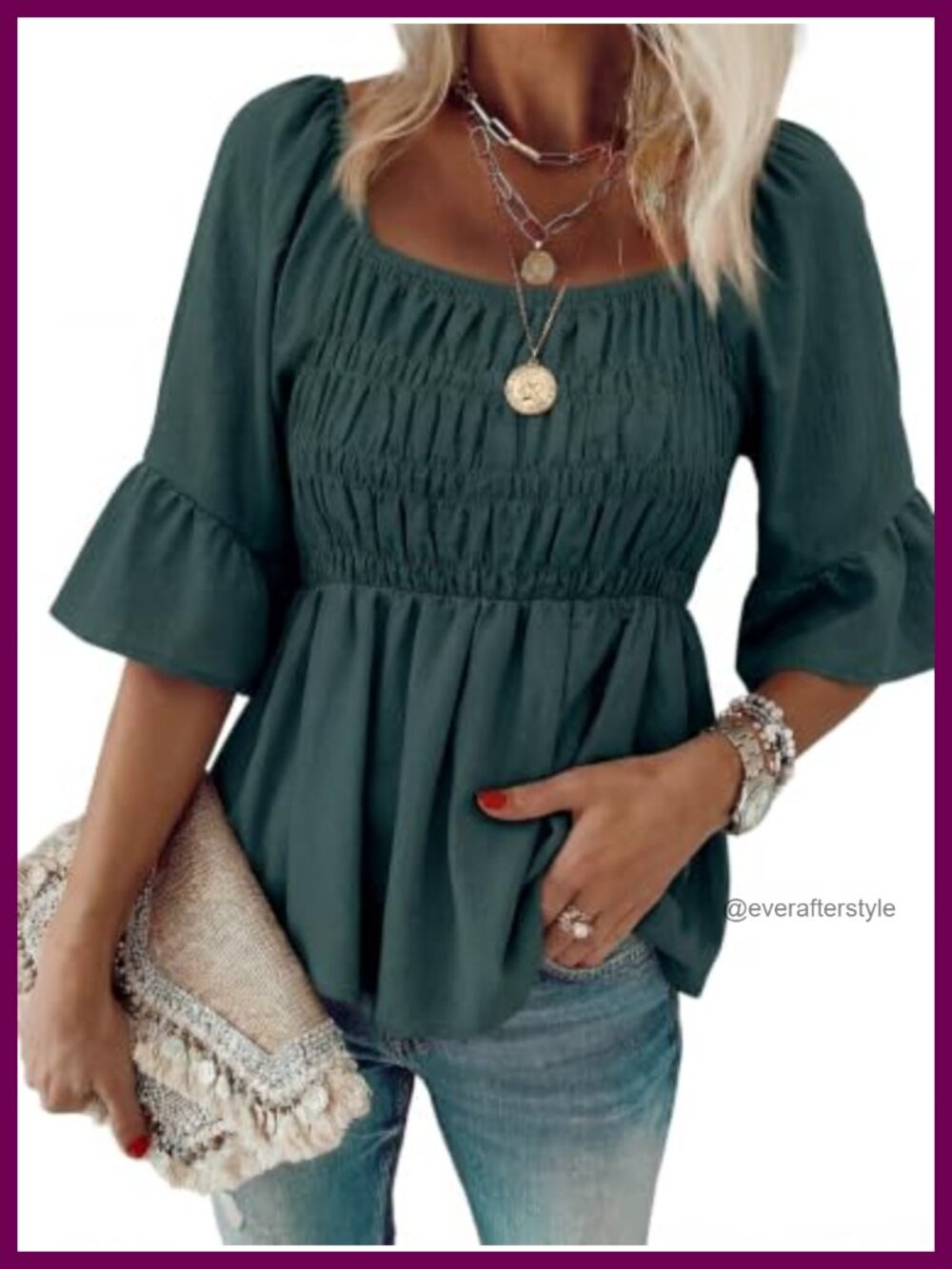 HEYTALALA Square Neck 3/4 Sleeve Peplum Blouse Ruffle Sleeve Babydoll Top